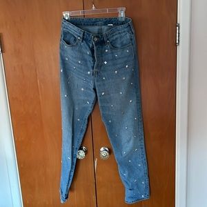 Straight leg jeans with metallic sparkles